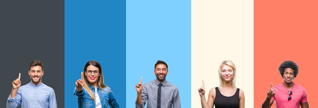 People in front of colorful background.
